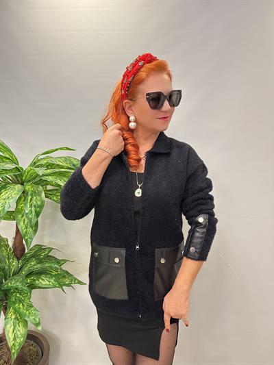 1745 Angora Deri Detaylı Ceket Siyah