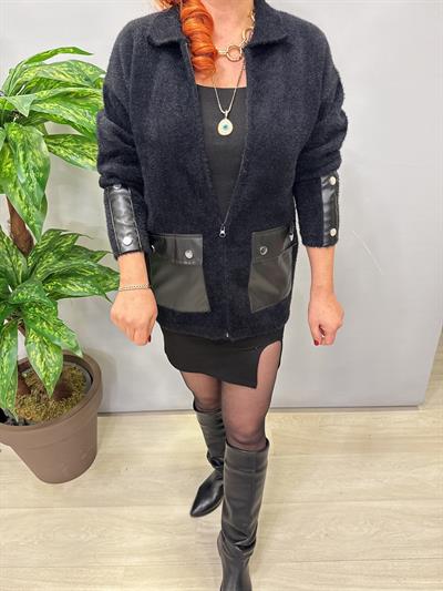 1745 Angora Deri Detaylı Ceket Siyah