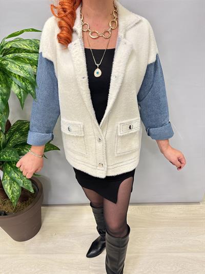 1745 Angora Jean Detaylı  Triko Ceket Ekru