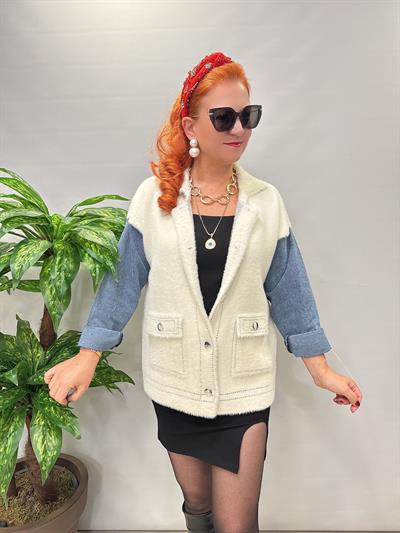 1745 Angora Jean Detaylı  Triko Ceket Ekru