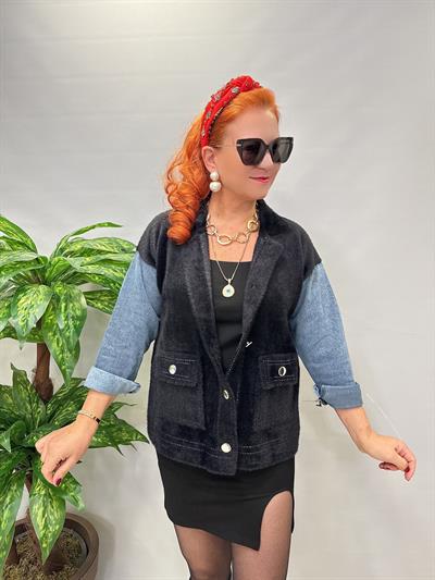 1745 Angora Jean Detaylı  Triko Ceket Siyah