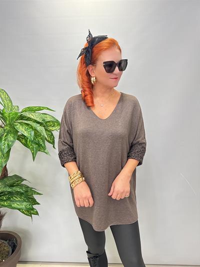 1750 Italyan Leopar Detay Triko Bluz Kahve