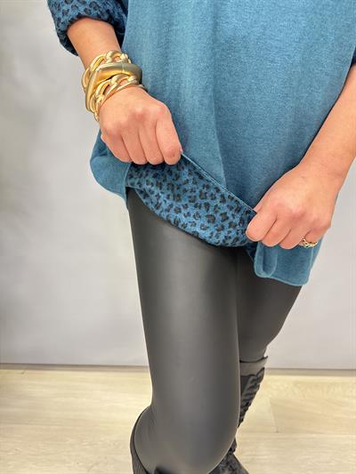 1750 Italyan Leopar Detay Triko Bluz Petrol