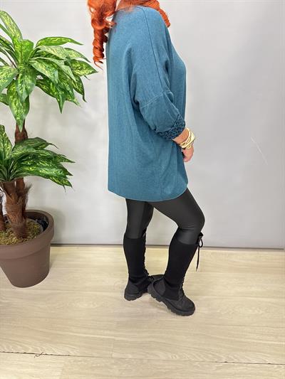 1750 Italyan Leopar Detay Triko Bluz Petrol