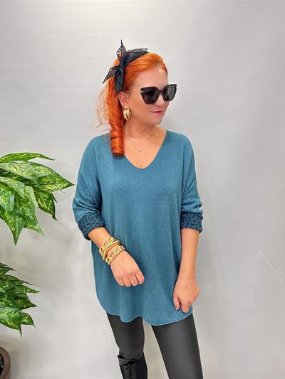 1750 Italyan Leopar Detay Triko Bluz Petrol