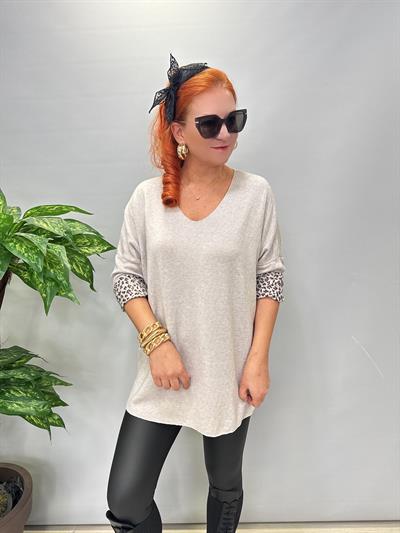 1750 Italyan Leopar Detay Triko Bluz Taş
