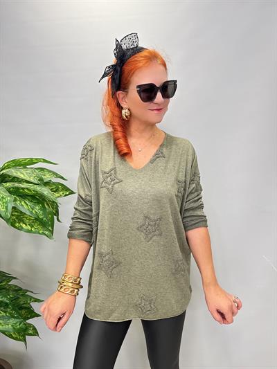 1750 Italyan Yıldız Detay Triko Bluz Haki