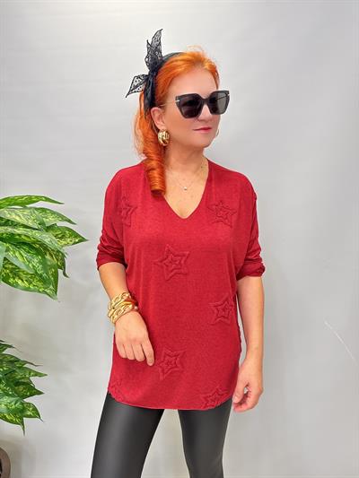 1750 Italyan Yıldız Detay Triko Bluz Kırmızı