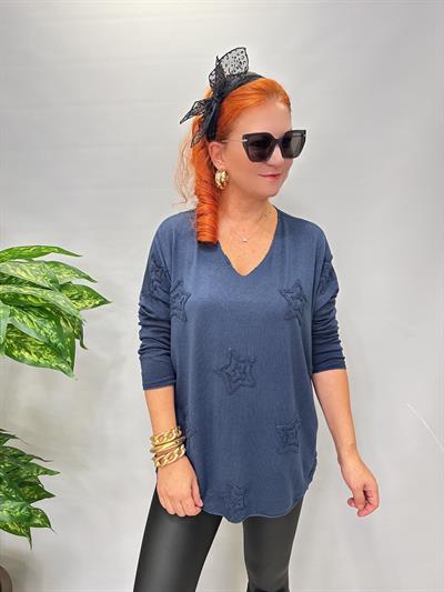 1750 Italyan Yıldız Detay Triko Bluz Lacivert