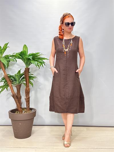 1826 Italyan Ham Keten Elbise Acı Kahve 