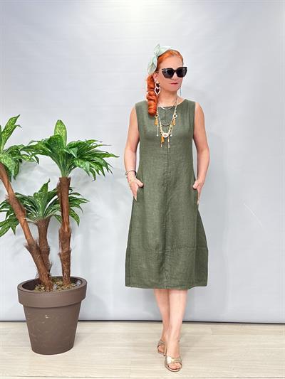 1826 Italyan Ham Keten Elbise Haki