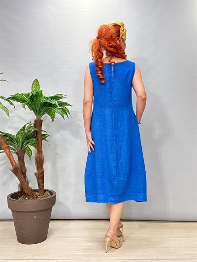 1826 Italyan Ham Keten Elbise Mavi