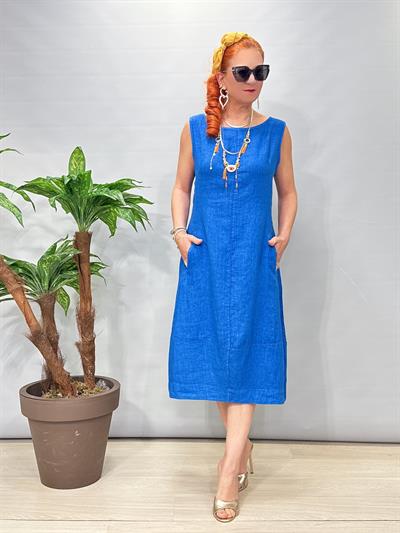 1826 Italyan Ham Keten Elbise Mavi