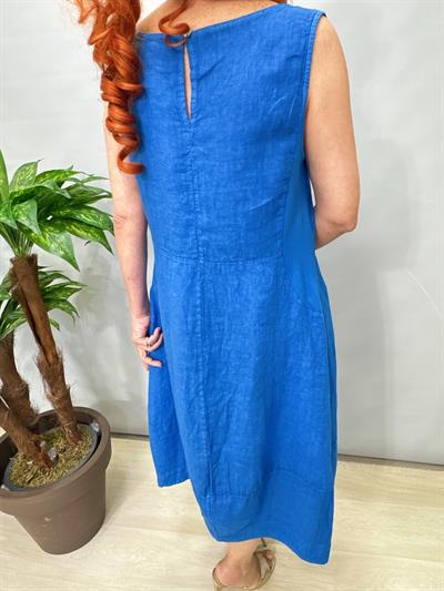 1826 Italyan Ham Keten Elbise Mavi