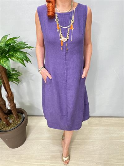 1826 Italyan Ham Keten Elbise Mor