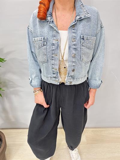 1874 Taşlı Kısa Kot Ceket Buz mavi 