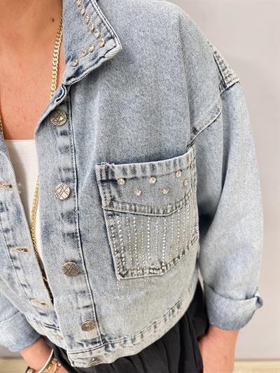 1874 Taşlı Kısa Kot Ceket Buz mavi 