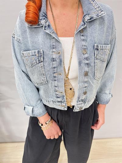 1874 Taşlı Kısa Kot Ceket Buz mavi 