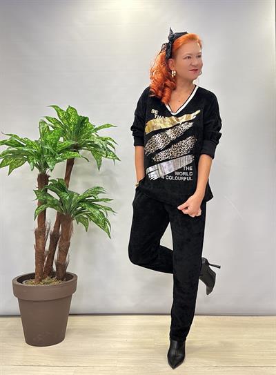 1875 V Yaka Şönil Kadife Takım Siyah