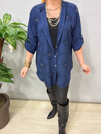 1903 Italyan Payet ve Nakış Detaylı Gömlek Lacivert