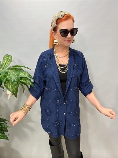 1903 Italyan Payet ve Nakış Detaylı Gömlek Lacivert