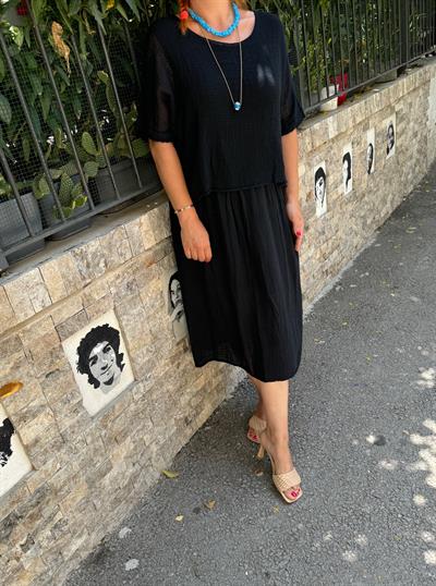 19056 PREMIUM İTHAL KETEN FİLE DETAY ELBİSE SİYAH 46 BEDENE KADAR UYUMLUDUR  boyum 1.64