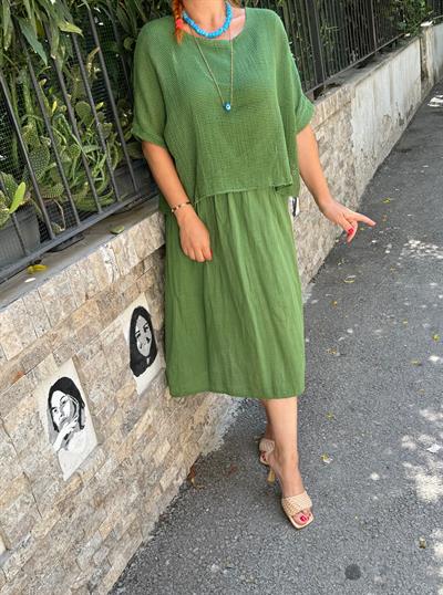 19056 PREMIUM İTALYAN KETEN FİLE DETAY ELBİSE YEŞİL 46 BEDENE KADAR UYUMLUDUR boyum 1.64