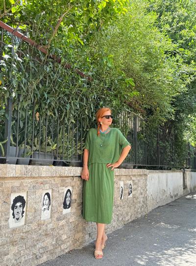 19056 PREMIUM İTALYAN KETEN FİLE DETAY ELBİSE YEŞİL 46 BEDENE KADAR UYUMLUDUR boyum 1.64