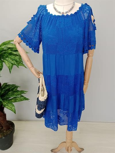 ASL 2340 Italyan Dantel Detay Elbise Saks Mavi