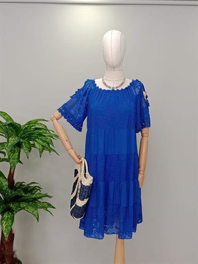 ASL 2340 Italyan Dantel Detay Elbise Saks Mavi