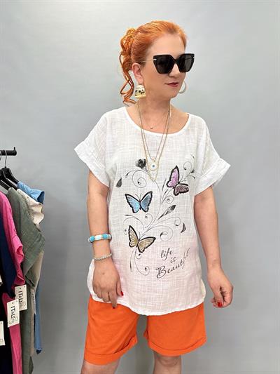 2030 Italyan Desenli Bluz Beyaz