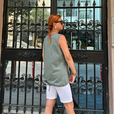 2030 İTALYAN  VARAK DETAY PAMUKLU BLUZ 44 BEDENE KADAR UYUMLUDUR   HAKİ