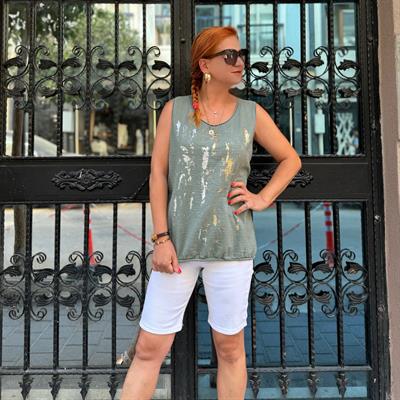 2030 İTALYAN  VARAK DETAY PAMUKLU BLUZ 44 BEDENE KADAR UYUMLUDUR   HAKİ