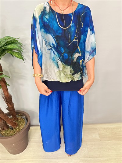 2045 İpek Batik Desen bluz Lacivert