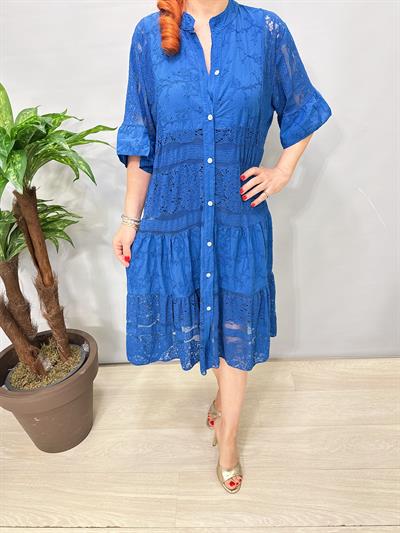 2090 Fisto Dantel Detaylı Elbise Saks Mavi