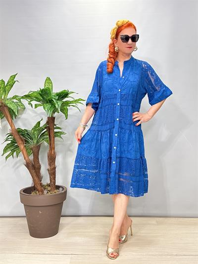 2090 Fisto Dantel Detaylı Elbise Saks Mavi