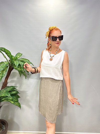 0107 Pamuk Keten Beli lastikli Italyan şort etek Vizon