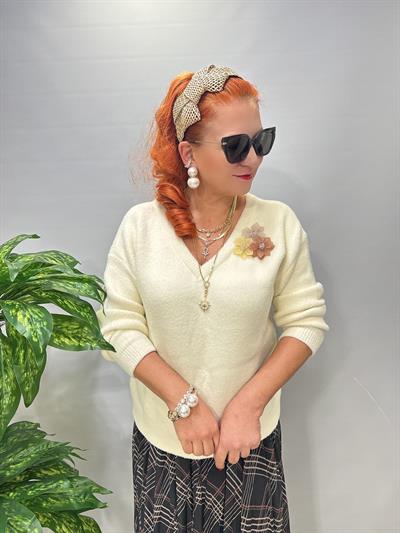2126 Broş Detaylı Angora Triko Bluz Ekru