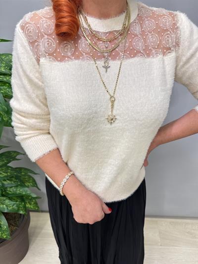 2126 Tül Detaylı Triko Bluz Ekru