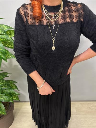 2126 Tül Detaylı Triko Bluz Siyah