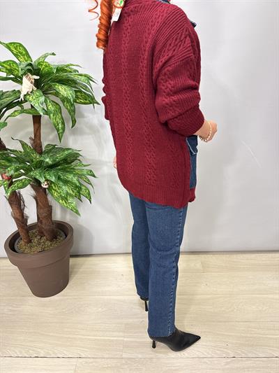 2129 Jean Detaylı Triko Hırka / Ceket Bordo