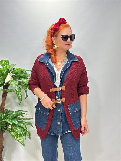 2129 Jean Detaylı Triko Hırka / Ceket Bordo
