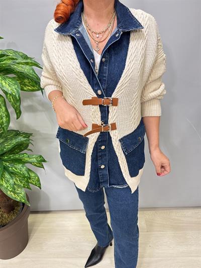 2129 Jean Detaylı Triko Hırka / Ceket Ekru