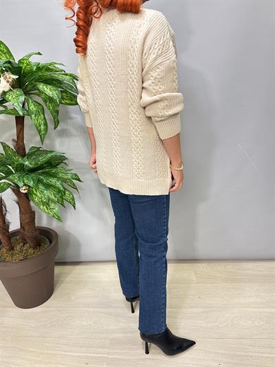 2129 Jean Detaylı Triko Hırka / Ceket Ekru