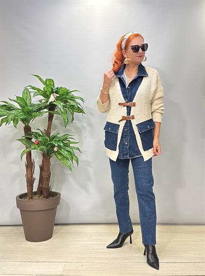 2129 Jean Detaylı Triko Hırka / Ceket Ekru