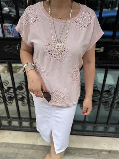 2136 Italyan Payet detay Bluz Pudra 