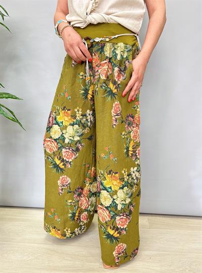 2209 Italyan Keten Pantolon Yağ Yeşili