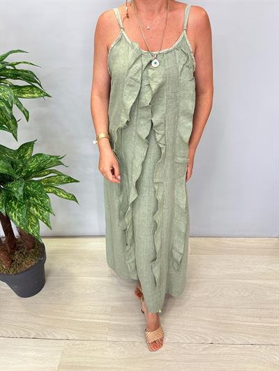 2245 Ham Keten Elbise Yeşil 