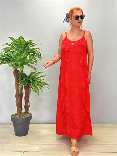 2245 Ham Keten Elbise Kırmızı