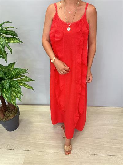 2245 Ham Keten Elbise Kırmızı